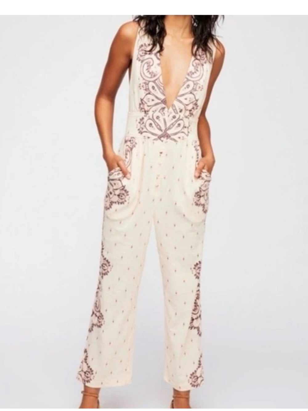Free People Setting Sun Jumpsuit Cream Pink Size Large Cotton Light Boho Beach